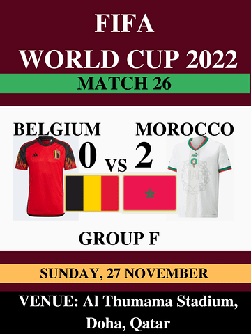 Belgium Vs Morocco, Match 26, FIFA World Cup 2022