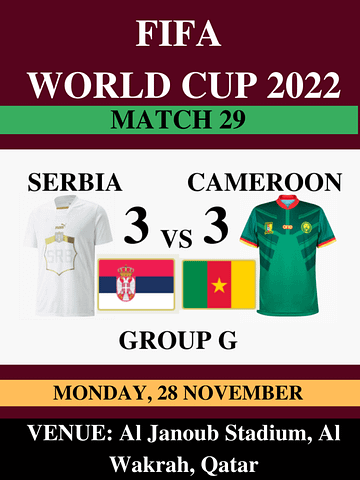 Serbia Vs Cameroon, Match 29, FIFA World Cup 2022