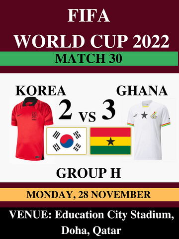 Korea Vs Ghana, Match 30, FIFA World Cup 2022