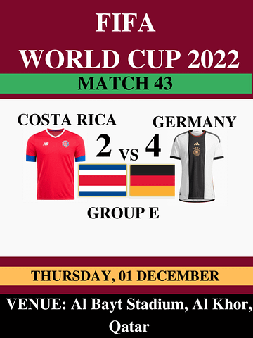 Germany Vs Costa Rica, Match 43, FIFA World Cup 2022